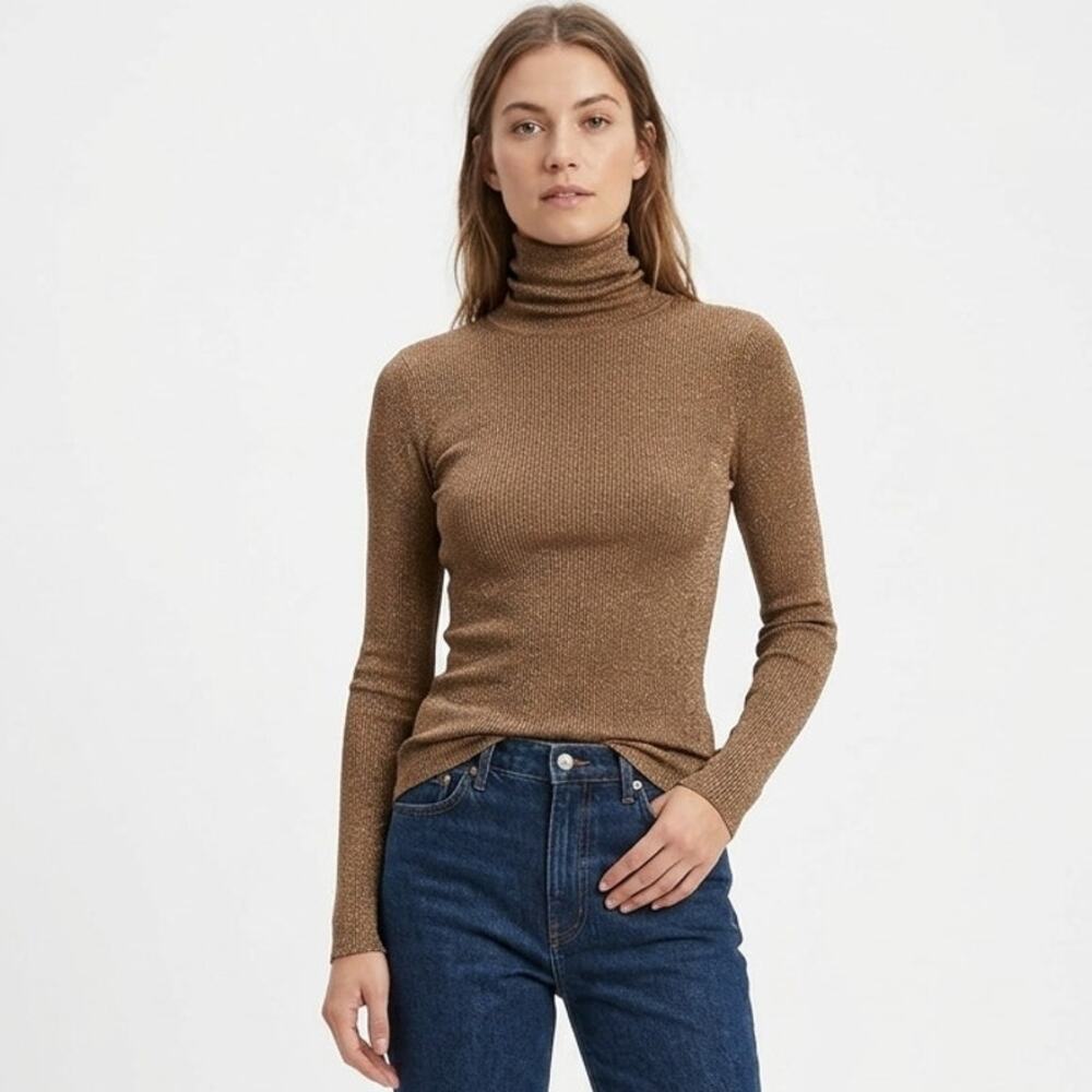 Michael Stars Turtleneck Sweater One Size Womens Gold Metallic Ribbed USA Made